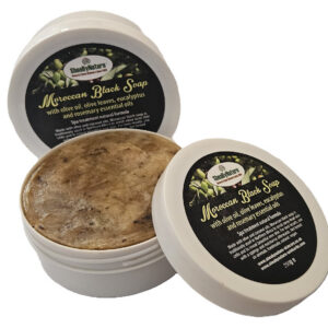 SheaByNaTure MOROCCAN Black Soap. 100% Pure and Natural Soap Made from Olive Oil, coconut oil and Olive Leaves, using traditional Moroccan Method with Eucalyptus and Rosemary essential oil.